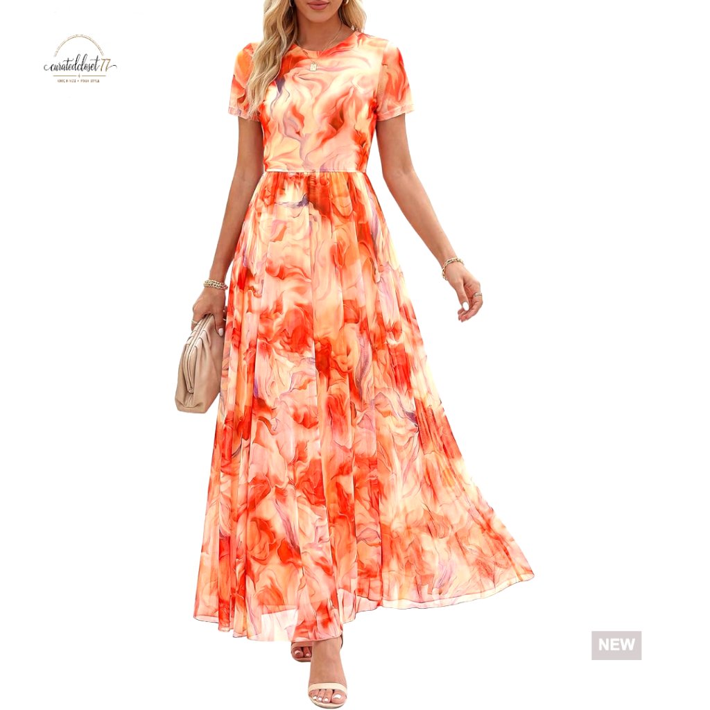 Floral Maxi Dress Formal Wedding Guest Short Sleeve Summer Vacation